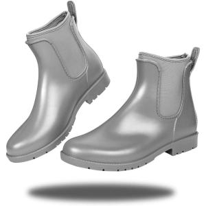 imageDKSUKO Womens Short Rain Boots Rubber Waterproof Garden Boots Elastic Slip On Ankle Chelsea Boot Fashion Insulated Rain Shoe for Outdoor Work Thick SoleGrey a