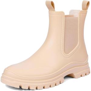 imageDKSUKO Womens Short Rain Boots Rubber Waterproof Garden Boots Elastic Slip On Ankle Chelsea Boot Fashion Insulated Rain Shoe for Outdoor Work Thick SoleBeige