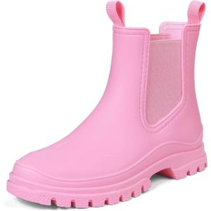 imageDKSUKO Womens Short Rain Boots Rubber Waterproof Garden Boots Elastic Slip On Ankle Chelsea Boot Fashion Insulated Rain Shoe for Outdoor Work Thick SolePink