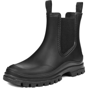 imageDKSUKO Womens Short Rain Boots Rubber Waterproof Garden Boots Elastic Slip On Ankle Chelsea Boot Fashion Insulated Rain Shoe for Outdoor Work Thick SoleBlack