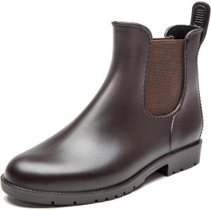 imageDKSUKO Womens Short Rain Boots Rubber Waterproof Garden Boots Elastic Slip On Ankle Chelsea Boot Fashion Insulated Rain Shoe for Outdoor Work Thick SoleBrown