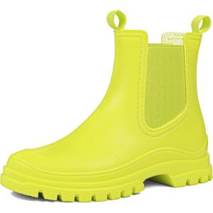 imageDKSUKO Womens Short Rain Boots Rubber Waterproof Garden Boots Elastic Slip On Ankle Chelsea Boot Fashion Insulated Rain Shoe for Outdoor Work Thick SoleFluorescent Green