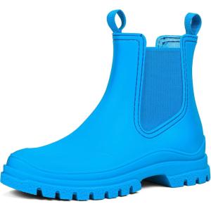 imageDKSUKO Womens Short Rain Boots Rubber Waterproof Garden Boots Elastic Slip On Ankle Chelsea Boot Fashion Insulated Rain Shoe for Outdoor Work Thick SoleRoyal Blue