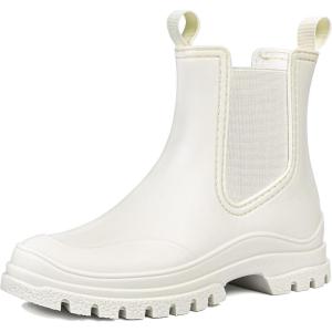imageDKSUKO Womens Short Rain Boots Rubber Waterproof Garden Boots Elastic Slip On Ankle Chelsea Boot Fashion Insulated Rain Shoe for Outdoor Work Thick SoleMatte White