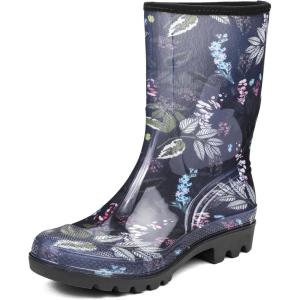 imageDKSUKO Waterproof Womens Rain Boots insulatedLightweight Rubber fashion Boots in GardeningWarm and Comfortable Wide Calf Rain Boots with Glossy in OutdoorBlue Flower
