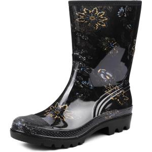 imageDKSUKO Waterproof Womens Rain Boots insulatedLightweight Rubber fashion Boots in GardeningWarm and Comfortable Wide Calf Rain Boots with Glossy in OutdoorBlack Yellow Flower