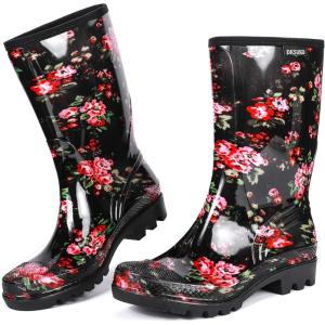 imageDKSUKO Waterproof Womens Rain Boots insulatedLightweight Rubber fashion Boots in GardeningWarm and Comfortable Wide Calf Rain Boots with Glossy in OutdoorFlower