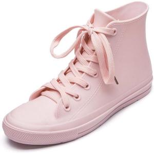 imageDKSUKO Womens Rain Boots Waterproof High Top Rain Shoes with Lace Up AntiSlip Garden ShoesPink
