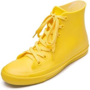 imageDKSUKO Womens Rain Boots Waterproof High Top Rain Shoes with Lace Up AntiSlip Garden ShoesYellow