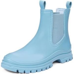 imageDKSUKO Womens Short Rain Boots Rubber Waterproof Garden Boots Elastic Slip On Ankle Chelsea Boot Fashion Insulated Rain Shoe for Outdoor Work Thick SoleLight Blue
