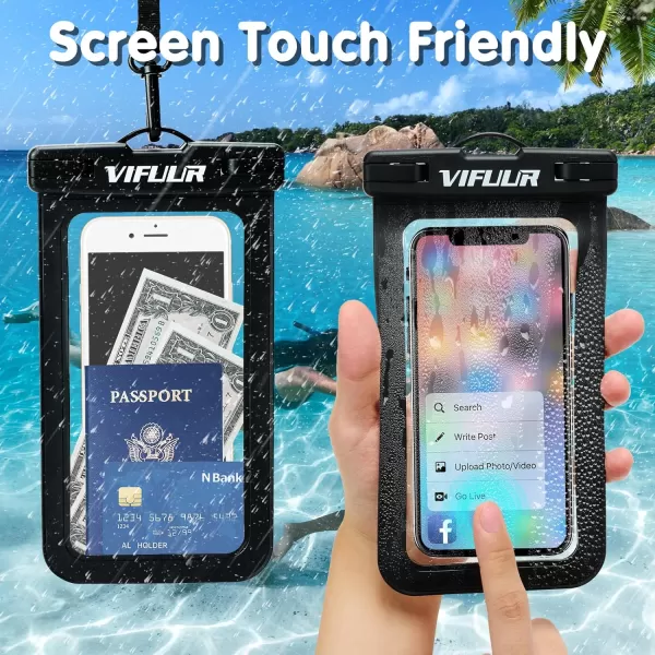 VIFUUR IPX8 Waterproof Phone Pouch Universal Cellphone Dry Bag Case Compatible for iPhone 15 14 13 12 Pro Max XS Plus Samsung Galaxy Phone Protector for Beach Diving Swimming -2 Pack Black/Black
