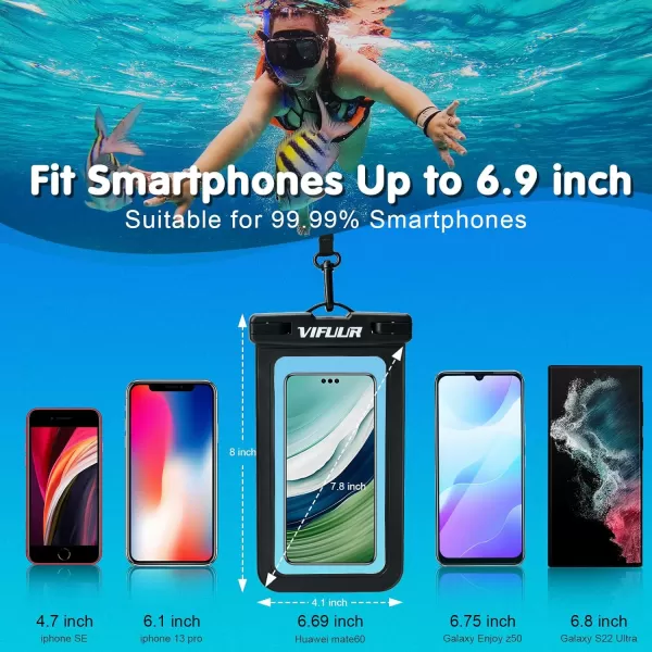 VIFUUR IPX8 Waterproof Phone Pouch Universal Cellphone Dry Bag Case Compatible for iPhone 15 14 13 12 Pro Max XS Plus Samsung Galaxy Phone Protector for Beach Diving Swimming -2 Pack Black/Black