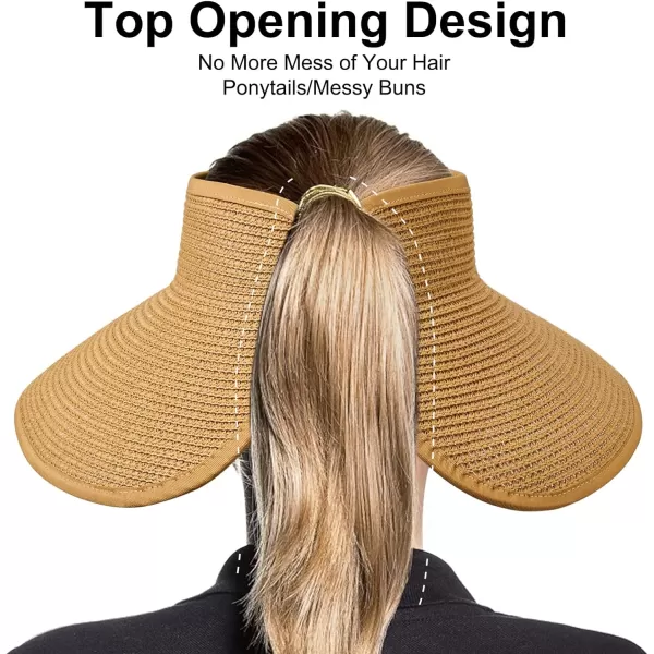 VIFUUR Sun Straw Hats Roll-up Ponytail Wide Brim Summer Visor for Womens Beach Hat Packable UPF UV Travel