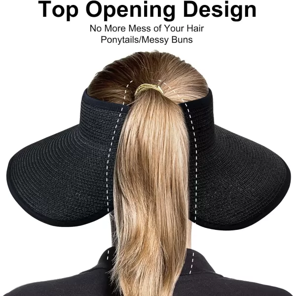 VIFUUR Sun Straw Hats Roll-up Ponytail Wide Brim Summer Visor for Womens Beach Hat Packable UPF UV Travel