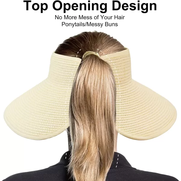 VIFUUR Sun Straw Hats Roll-up Ponytail Wide Brim Summer Visor for Womens Beach Hat Packable UPF UV Travel
