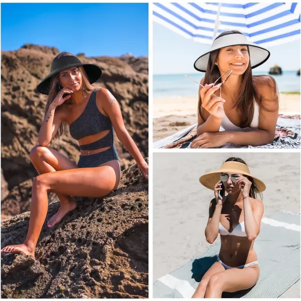 VIFUUR Sun Straw Hats Roll-up Ponytail Wide Brim Summer Visor for Womens Beach Hat Packable UPF UV Travel