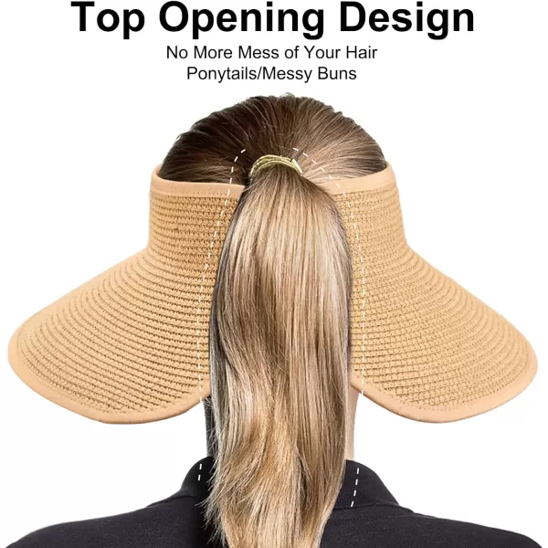 VIFUUR Sun Straw Hats Roll-up Ponytail Wide Brim Summer Visor for Womens Beach Hat Packable UPF UV Travel