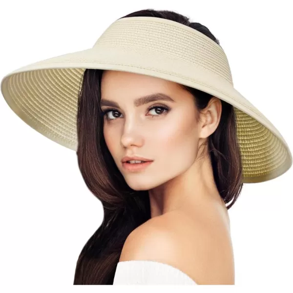 VIFUUR Sun Straw Hats Roll-up Ponytail Wide Brim Summer Visor for Womens Beach Hat Packable UPF UV Travel