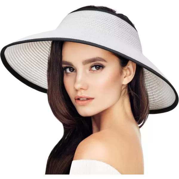 VIFUUR Sun Straw Hats Roll-up Ponytail Wide Brim Summer Visor for Womens Beach Hat Packable UPF UV Travel