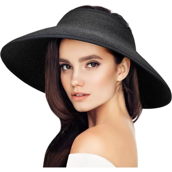 VIFUUR Sun Straw Hats Roll-up Ponytail Wide Brim Summer Visor for Womens Beach Hat Packable UPF UV Travel