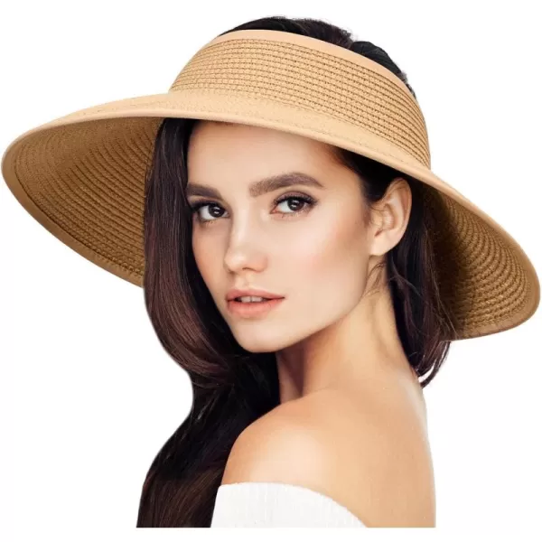 VIFUUR Sun Straw Hats Roll-up Ponytail Wide Brim Summer Visor for Womens Beach Hat Packable UPF UV Travel
