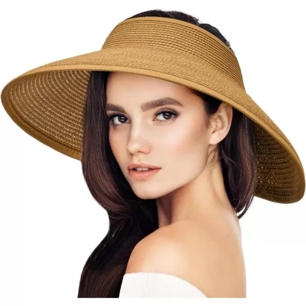 VIFUUR Sun Straw Hats Roll-up Ponytail Wide Brim Summer Visor for Womens Beach Hat Packable UPF UV Travel
