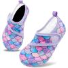 imageVIFUUR Kids Water Shoes Boys Girls Barefoot Water Sports Socks HookampampLoop Beach Shoes Quick Dry Aqua Socks Swim Walking Outdoor Sports for ToddlerFish Scales Purple