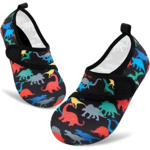 imageVIFUUR Kids Water Shoes Boys Girls Barefoot Water Sports Socks HookampampLoop Beach Shoes Quick Dry Aqua Socks Swim Walking Outdoor Sports for ToddlerBlack Dinosaurs