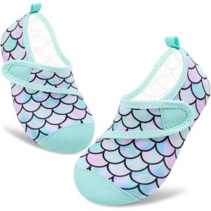 imageVIFUUR Kids Water Shoes Boys Girls Barefoot Water Sports Socks HookampampLoop Beach Shoes Quick Dry Aqua Socks Swim Walking Outdoor Sports for ToddlerFish Scales Green