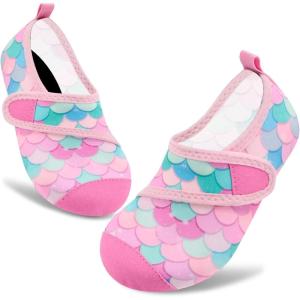 imageVIFUUR Kids Water Shoes Boys Girls Barefoot Water Sports Socks HookampampLoop Beach Shoes Quick Dry Aqua Socks Swim Walking Outdoor Sports for ToddlerFish Scales Pink