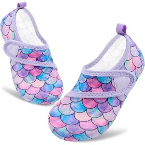 imageVIFUUR Kids Water Shoes Boys Girls Barefoot Water Sports Socks HookampampLoop Beach Shoes Quick Dry Aqua Socks Swim Walking Outdoor Sports for ToddlerFish Scales Purple