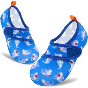 imageVIFUUR Kids Water Shoes Boys Girls Barefoot Water Sports Socks HookampampLoop Beach Shoes Quick Dry Aqua Socks Swim Walking Outdoor Sports for ToddlerBlue Shark