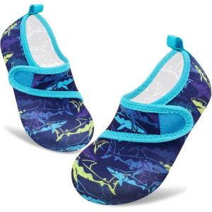 imageVIFUUR Kids Water Shoes Boys Girls Barefoot Water Sports Socks HookampampLoop Beach Shoes Quick Dry Aqua Socks Swim Walking Outdoor Sports for ToddlerPurple Yellow Fish
