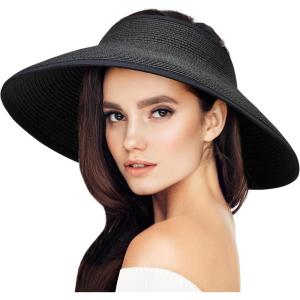 imageVIFUUR Sun Straw Hats Rollup Ponytail Wide Brim Summer Visor for Womens Beach Hat Packable UPF UV Travel