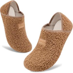 imageVIFUUR House Slippers for Women Men Slip on Indoor Barefoot Slipper Socks Fuzzy Cozy Sock Shoes for Home Bedroom TravelAbrown