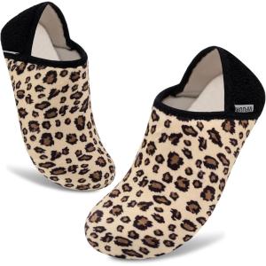 imageVIFUUR House Slippers for Women Men Slip on Indoor Barefoot Slipper Socks Fuzzy Cozy Sock Shoes for Home Bedroom TravelLeopard