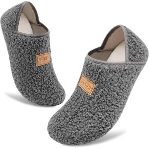 imageVIFUUR House Slippers for Women Men Slip on Indoor Barefoot Slipper Socks Fuzzy Cozy Sock Shoes for Home TravelAgrey