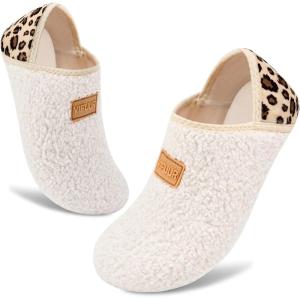 imageVIFUUR House Slippers for Women Men Slip on Indoor Barefoot Slipper Socks Fuzzy Cozy Sock Shoes for Home TravelBeige Leopard