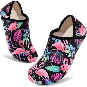 imageVIFUUR House Slippers for Women Men Slip on Indoor Barefoot Slipper Socks Fuzzy Cozy Sock Shoes for Home TravelFlamingo