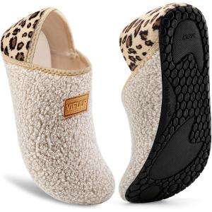 imageVIFUUR House Slippers for Women Men Slip on Indoor Barefoot Slipper Socks Fuzzy Cozy Sock Shoes for Home Bedroom Travel01 Beige Leopard