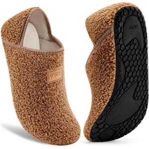imageVIFUUR House Slippers for Women Men Slip on Indoor Barefoot Slipper Socks Fuzzy Cozy Sock Shoes for Home Bedroom Travel04 Brown