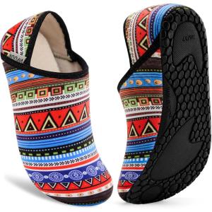 imageVIFUUR House Slippers for Women Men Slip on Indoor Barefoot Slipper Socks Fuzzy Cozy Sock Shoes for Home Bedroom TravelGeometric Style