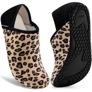 imageVIFUUR House Slippers for Women Men Slip on Indoor Barefoot Slipper Socks Fuzzy Cozy Sock Shoes for Home Bedroom TravelLeopard