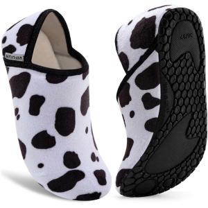 imageVIFUUR House Slippers for Women Men Slip on Indoor Barefoot Slipper Socks Fuzzy Cozy Sock Shoes for Home Bedroom TravelWhite Cow