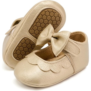 image:imageVIFUUR Baby Girls Mary Jane Flats Soft Sole Pre Walker Shoes with Thin Rubber Outsole and Adjustable Hook and Loop Strap for Infants amp Toddlers04 Gold Bow
